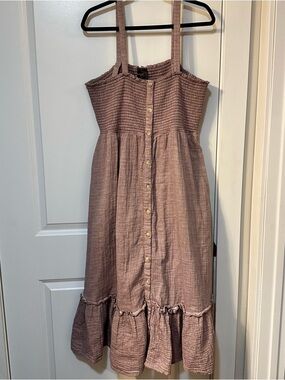 Smocked Mauve-Pink Button-Down Midi Dress with Ruffle Hem